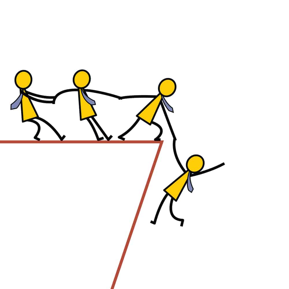 Businessman teamwork holding hands trying to pull up another friend who falling from abyss. Business concept in helping and supportive team. Simple character design.