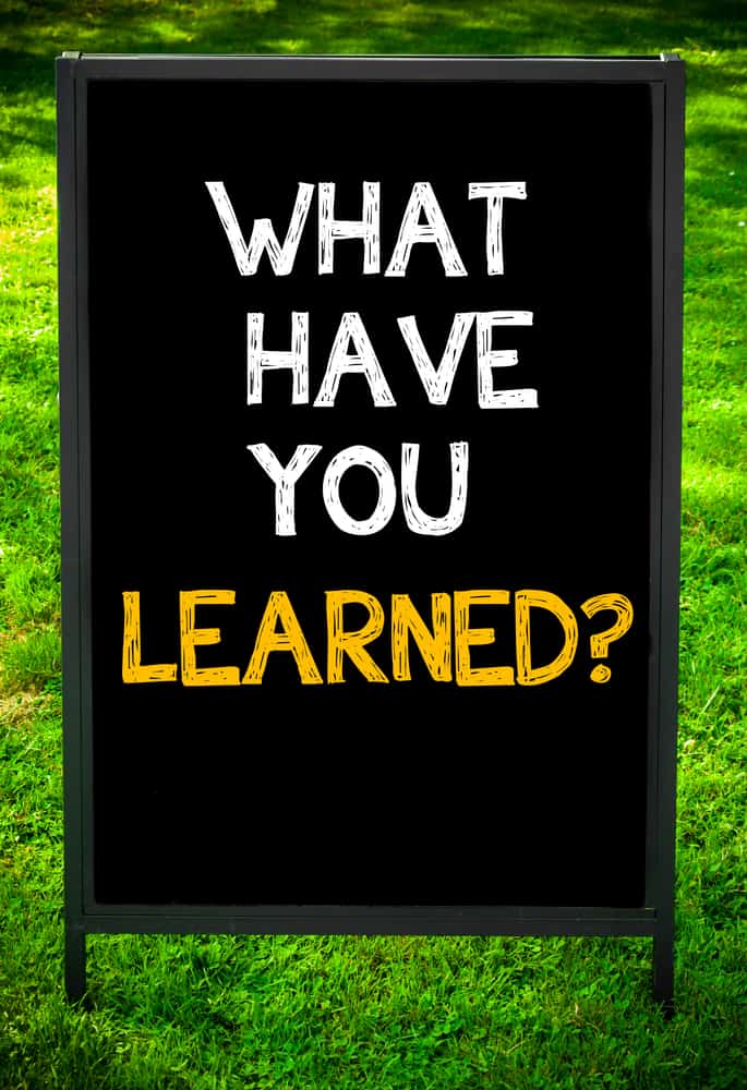 WHAT HAVE YOU LEARNED?  message on sidewalk blackboard sign against green grass background. Copy Space available. Concept image