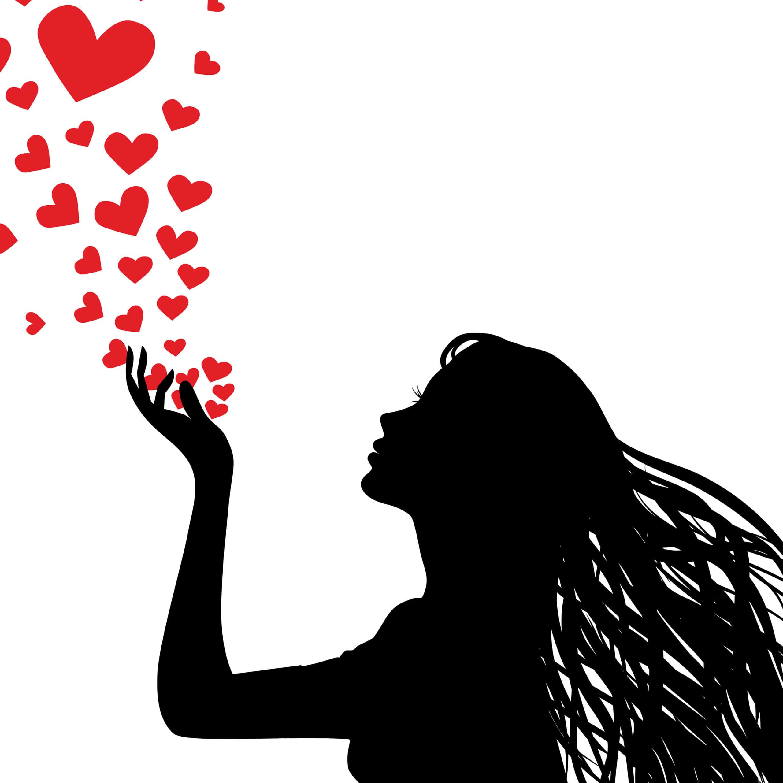 Woman silhouette hand. Pretty girl blowing heart. Drawing background. Vector illustration.