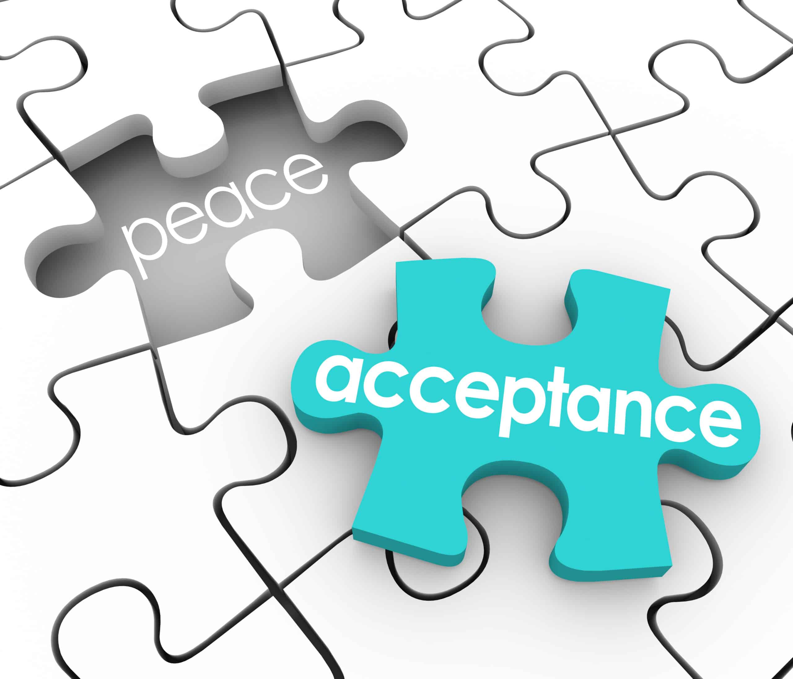 Acceptance word on a 3d blue puzzle piece and a hole with the word Peace to illustrate the inner satisfaction and harmony you feel by admitting or accepting a shortcoming or fault